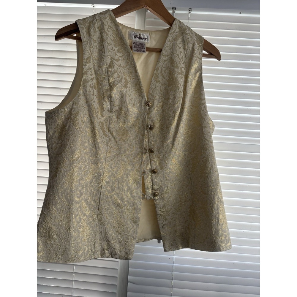 Vintage Worthington Womens 12 Gold Metallic Jacquard Vest 5 Button Holiday Party